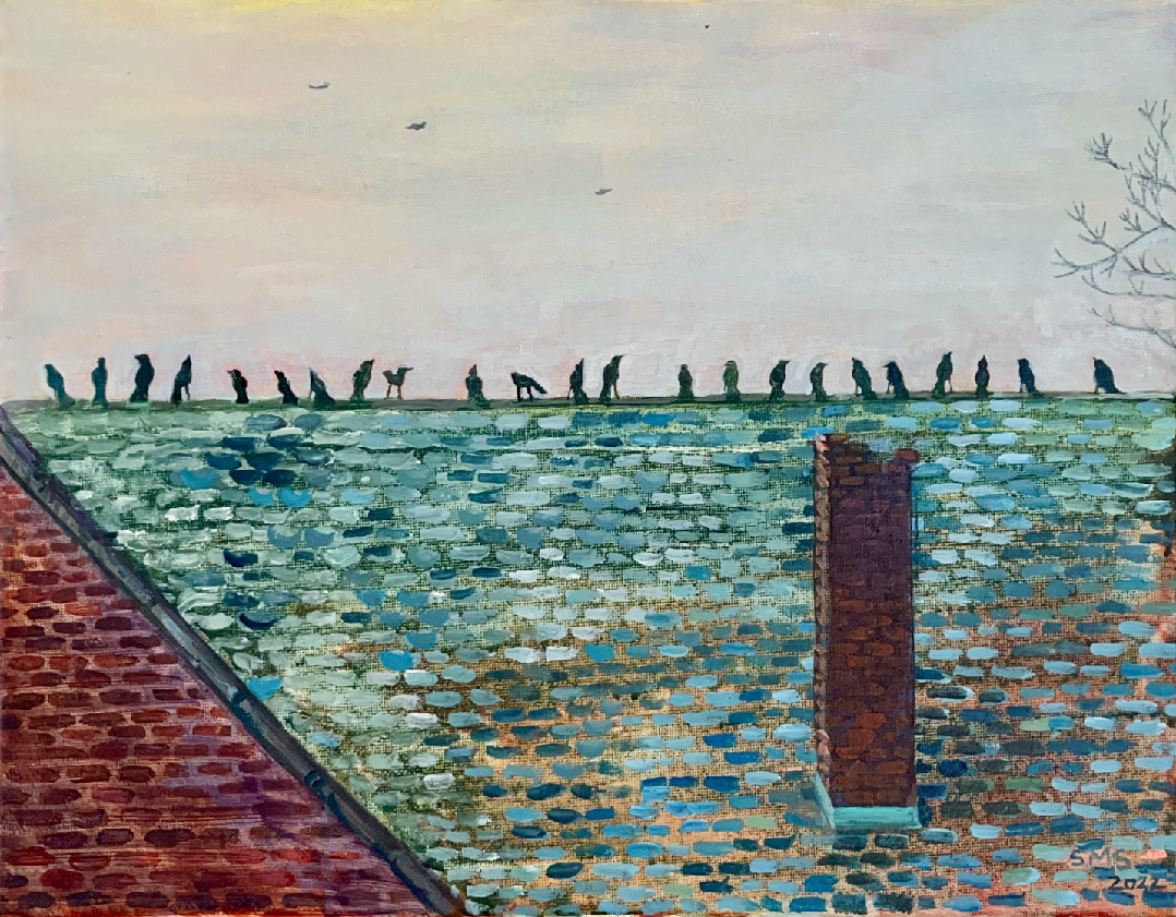 Birds on Old St. Francis 11 x 14 Acrylic on canvas Sarah Marris-Swann 2022 Birds settled on the ridgeline of the roof of a towering and crumbling old abandoned Catholic church in Utica, NY.