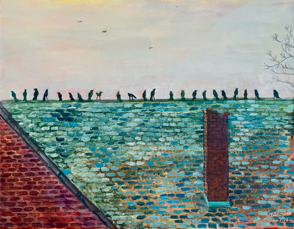 Birds on Old St. Francis
11 x 14
Acrylic on canvas
Sarah Marris-Swann
2022
Sold

Birds settled on the ridgeline of the roof of a towering and crumbling old abandoned Catholic church in Utica, NY.