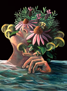 Drowning Slowly 11 x 14 inches Acrylic on canvas Sarah Marris-Swann 2022 Painted in the summer of 2022, during a period of change and transition. I felt like I was barely holding my head above water, but drowning so slowly that no one else would notice. This painting is about being present in that feeling and holding space for growth to happen, manifesting the blooming of fungi and lavender and echinacea, stopping time to feed the bees, building a harmonious existence with the world around me.
