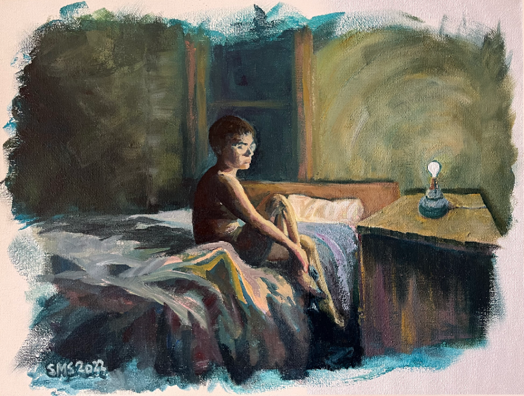 Fading Memory 11 x 14 inches Acrylic on canvas Sarah Swann 2022 This painting captures a memory of loss and loneliness, at a time when even the act of putting on socks felt like too much work.