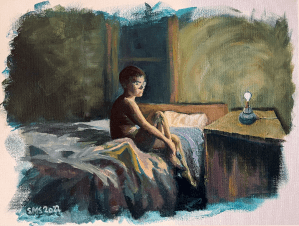 Fading Memory 11 x 14 inches Acrylic on canvas Sarah Swann 2022. This painting captures a memory of loss and loneliness, at a time when even the act of putting on socks felt like too much work.
