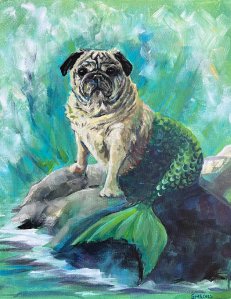 Gilbert the Merpug. 16 x 20 inches Acrylic on canvas Sarah Marris-Swann 2023 A pug transforms into a beautiful mermaid, sunning himself on a rock, while the ocean's waves spray behind him.