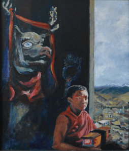 Ladakh 24 x 36 inches Acrylic on canvas Sarah Marris-Swann 2021 A young Tibetan monk holds a book, looking out over the city of Leh, Ladakh. In this painting, I drew from my memories and photographs from travels to the Leh Palace and Thiksey Gompa in Ladakh as well as temples in Bodhgaya, Bihar and Yuksom, Sikkim.