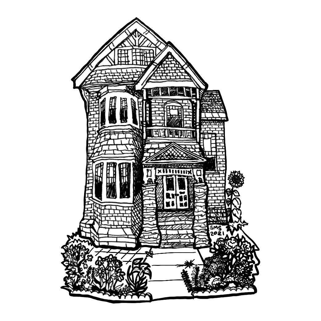 A simple black and white drawing of a Second Empire Victorian architectural style home in Utica, NY