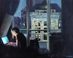 Sondering 16x20 inches Acrylic on canvas Sarah Marris-Swann 2021 A girl sits at a laptop computer in a room high above the city, with a dramatic view of skyscrapers and old stone buildings through the window behind her.