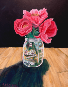 Peonies 8 x 10 inches Acrylic on gesso board Sarah Marris-Swann 2022 A study of bright fuchsia peonies blooming in a Ball mason jar on the kitchen counter.