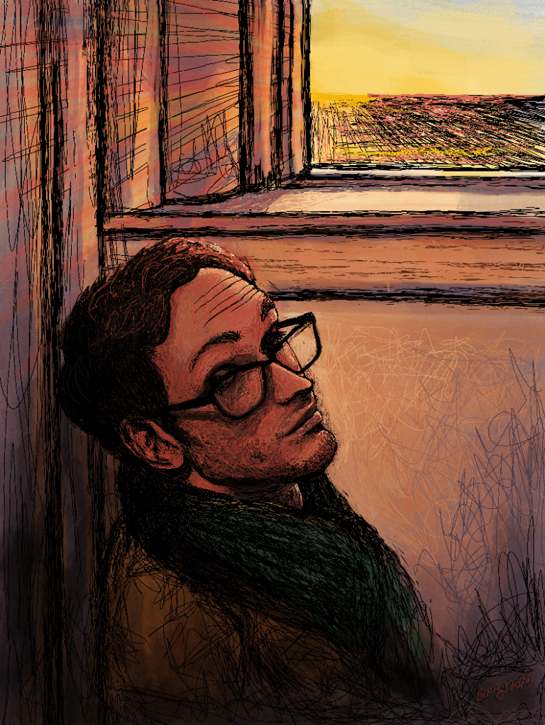 Digital drawing (made from one-pixel-wide scribbling) of a man wearing glasses and a scarf, standing, looking backwards as sunlight pours through a window behind him