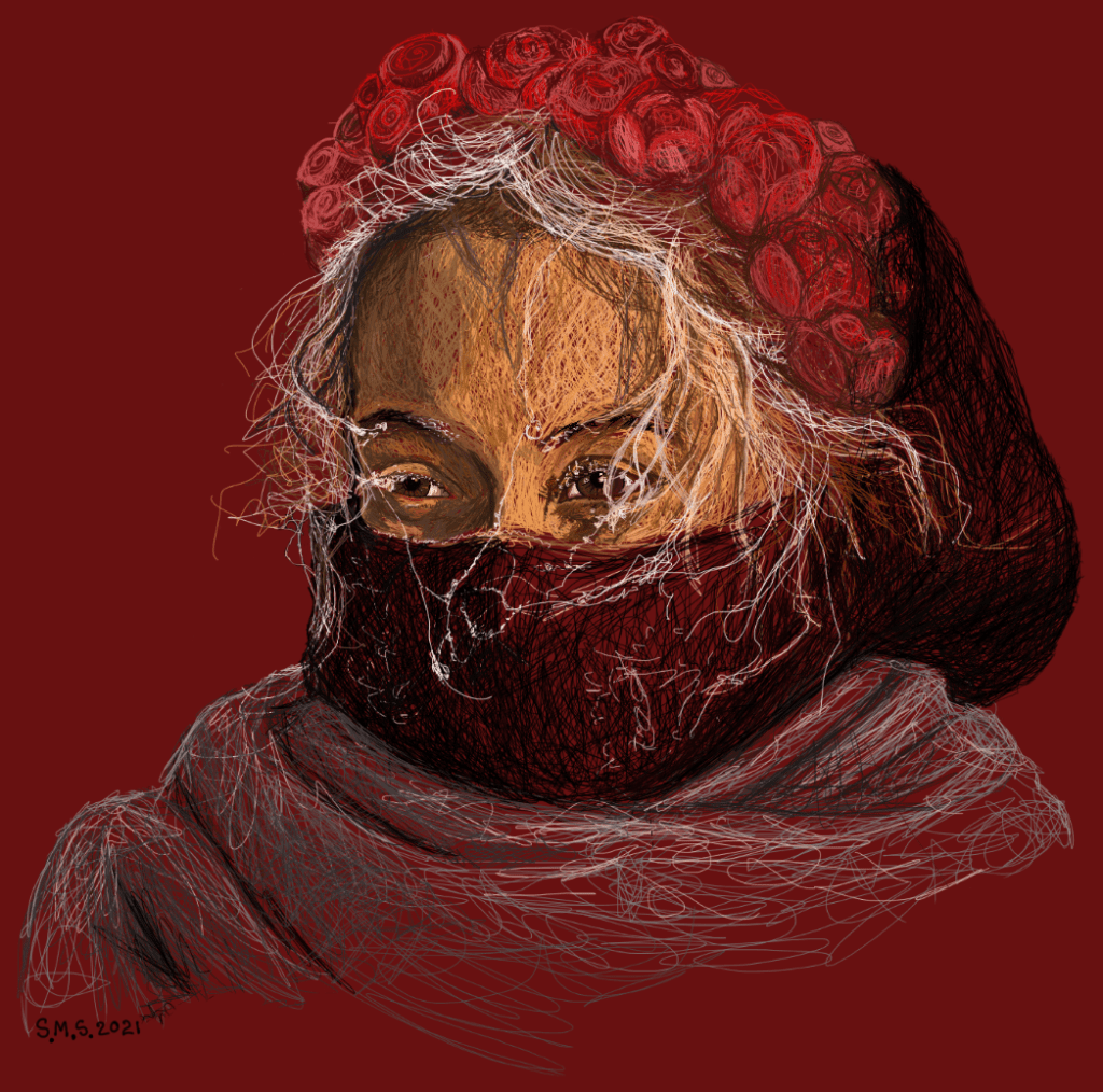 Digital drawing made with one-pixel wide-scribbling. Scribble portrait of Omsk Protestor with red flowers in her hair and a scarf covering her nose and mouth, frost appears on her eyelashes and wisps of hair