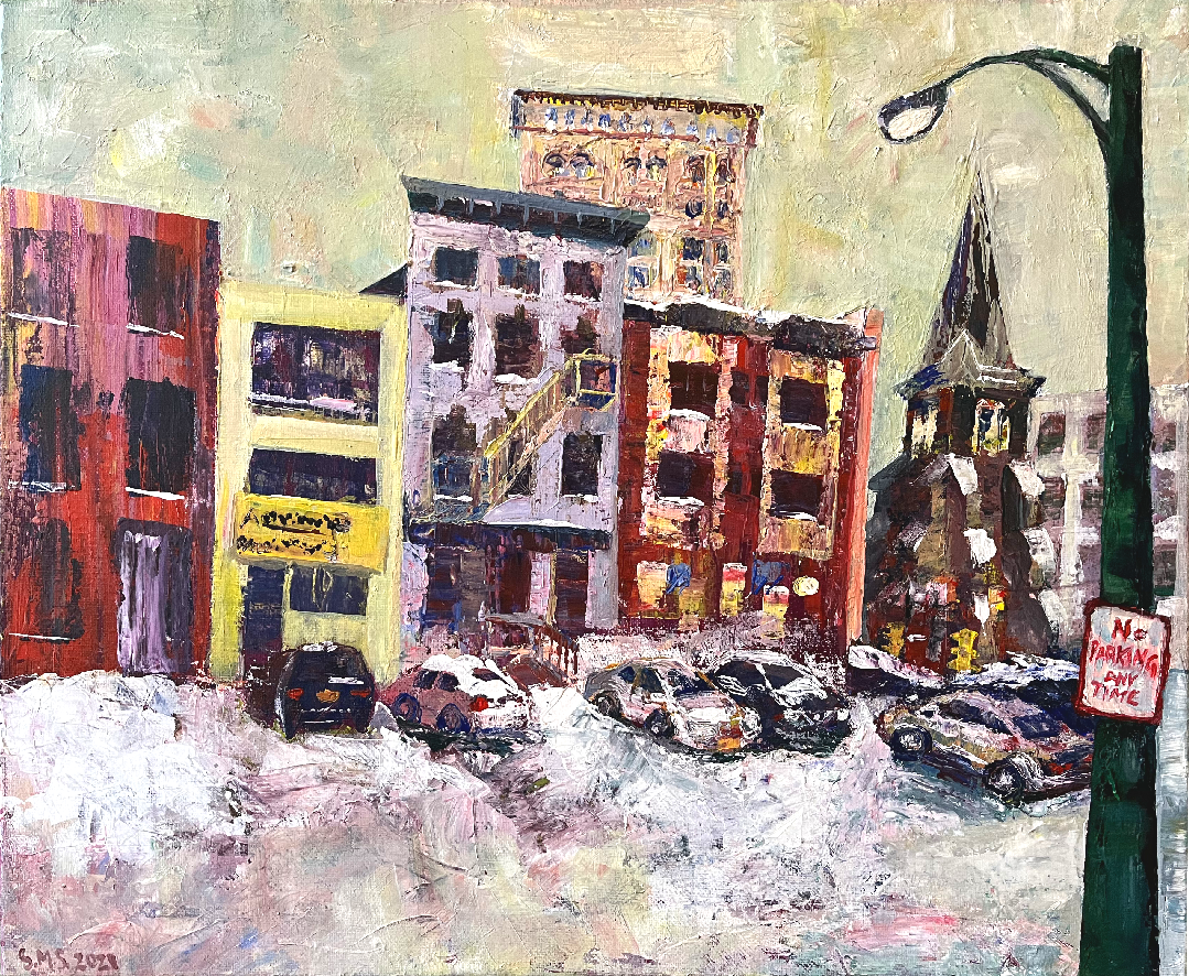 Seneca Street 16 x 20 inches Acrylic on canvas Sarah Marris-Swann 2021 Sold A palette knife street scene painting, standing at the door to the Butterfield Post Office on a snowy Seneca Street in Utica, NY, looking towards the Adirondack Bank Building and Grace Church.