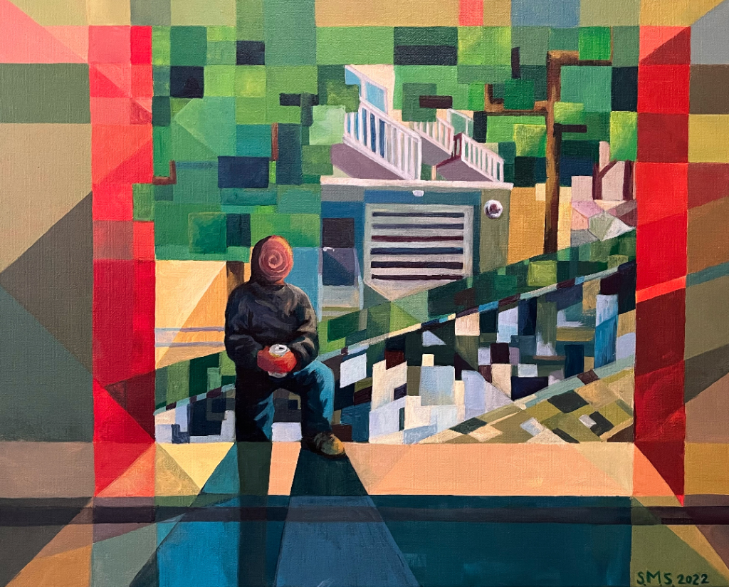 The Last Time I Saw Him
16 x 20 inches
Acrylic on canvas
Sarah Swann
2022

While working as a nurse in Seattle, I had a community with the people who were my coworkers, colleagues, patients, and very rarely, their families. I spent most of my waking hours with them, and they loomed large in my thoughts. This painting is the image I have in my memory of the last time I saw the son of one of my patients, the day before he died of a heroin overdose. You can listen to an excerpt of a song I wrote about this mother and son pair here.