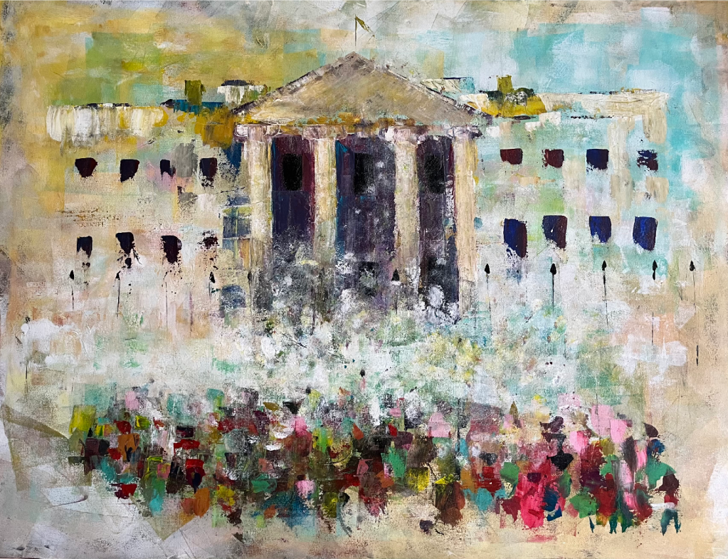 We’re Bringing Our Dead To Your Door
Acrylic on canvas
Sarah Marris-Swann
2022
Sold

In October of 1992 the AIDS epidemic had been going on for about 10 years. 40 million people had been infected. Research into treatments had basically stalled. There was no cure in sight. More and more people were getting sick and dying, and those they left behind felt abandoned and ignored by the government. On October 2, 1992, about 150 people, many of them members of ACT UP, met in D.C., carrying their beloved persons’ ashes in a variety of different kinds of vessels. They chanted: “We’re bringing our dead to your door. We won’t take it anymore.”

Mounted police on horses attempted to barricade the protesters from reaching the White House, but they pushed their way through. When they reached the fence, one by one they began to hurl the ashes of their loved ones onto the White House lawn, in an act of “enraged grief.”

30 years after the Ashes Action, lack of access to equitable and humane healthcare is still a major problem that plagues our healthcare system and hurts people every day…but to move forward we have to be able to turn our grief into action.

The full story can be found on Radiolab:
http://www.wnycstudios.org/story/ashes-lawn/