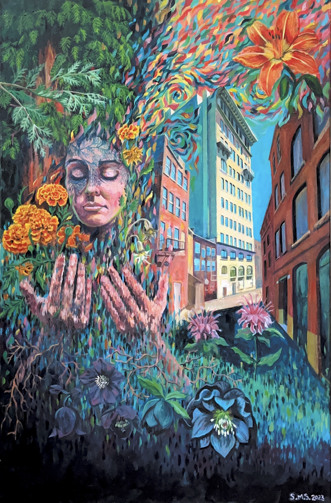 Derealization
24 x 36 inches
Acrylic on reused canvas
Sarah Marris-Swann
2023

While I was remaking this painting I was thinking a lot about place and displacement, the act of establishing roots, which naturally follows the act of uprooting; exploring how these changes in our environment affect our sense of self, and what happens where we land. What makes us feel like we belong somewhere? Sometimes it feels like we’re barely making a ripple, like a stone skipping across a river, and sometimes it feels like the water is eroding us, slowly carving away the boundaries between the “self” and everything else around us.