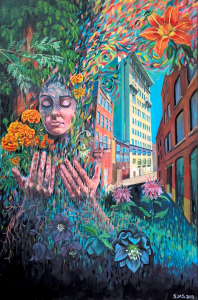 Derealization 24 x 36 inches Acrylic on reused canvas Sarah Marris-Swann 2023 While I was remaking this painting I was thinking a lot about place and displacement, the act of establishing roots, which naturally follows the act of uprooting; exploring how these changes in our environment affect our sense of self, and what happens where we land. What makes us feel like we belong somewhere? Sometimes it feels like we're barely making a ripple, like a stone skipping across a river, and sometimes it feels like the water is eroding us, slowly carving away the boundaries between the "self" and everything else around us.