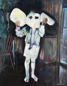 Weird Kid Acrylic on canvas, 24x30 inches Sarah Marris-Swann 2023 Self-portrait of me as child, creating a white elephant costume, from a photo taken by my mother in the '90s.