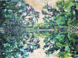 We Are On Native Land Acrylic on reused canvas Sarah Swann 2023 Reflections on the Mohawk River, Teionontatatie, in Utica, NY, the ancestral lands of the Kanienʼkehá:ka’ (Mohawk) and Oneida people. In honor of the Hodinöhsö:ni’ people, past and present, in whose ancestral home we live.