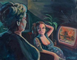"Ok, Mom," acrylic painting by Sarah Marris-Swann. A pregnant woman watches the news in a darkened room as a wildfire burns in San Francisco behind the Golden Gate Bridge, her mother approaches from the doorway