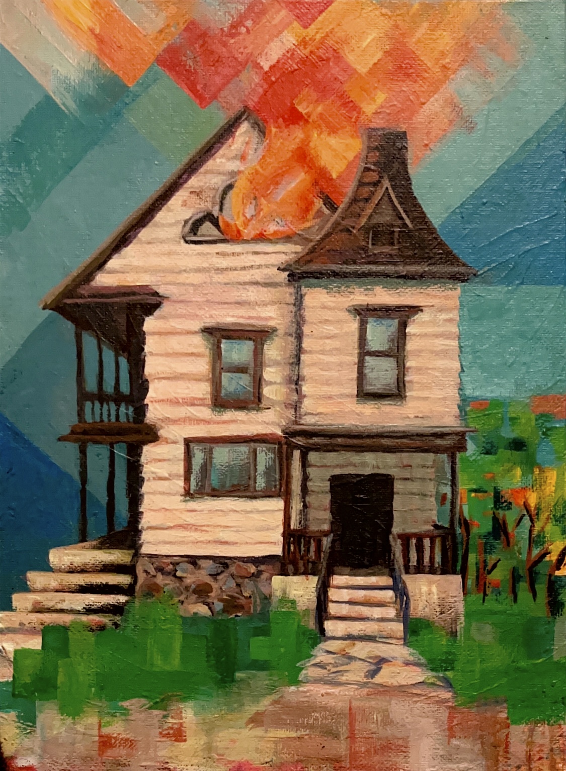 Burnt House 9 x 12 inches Acrylic on reused canvas board Sarah Marris-Swann 2023 An imagining of the fire that burnt 1231 Steuben Street in Utica, NY.