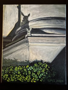 Night Terror 8 x 10 inches Acrylic on canvas Sarah Marris-Swann 2024 Gifted In May 2022, a small stone rabbit appeared briefly astride one of the columns of the gold-domed bank building in Utica, NY, and then, just as mysteriously, disappeared again.