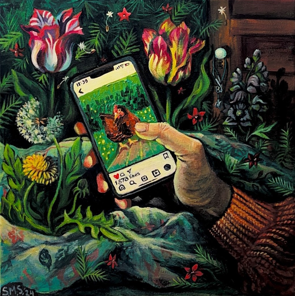 Revenge Bedtime Procrastination 12 x 12 inches Acrylic on canvas Sarah Marris-Swann Have you been doomscrolling late at night and dreaming of quitting your job in the city to start a hobby farm and chicken sanctuary? Good for you.