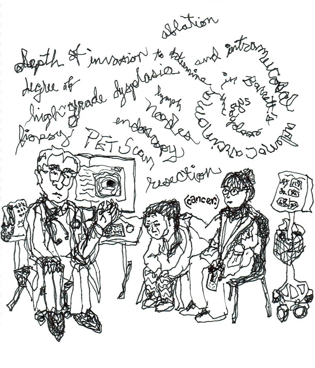 a woman crying and a nurse sitting next to her in a doctor's office as she gets a cancer diagnosis in confusing medical terminology