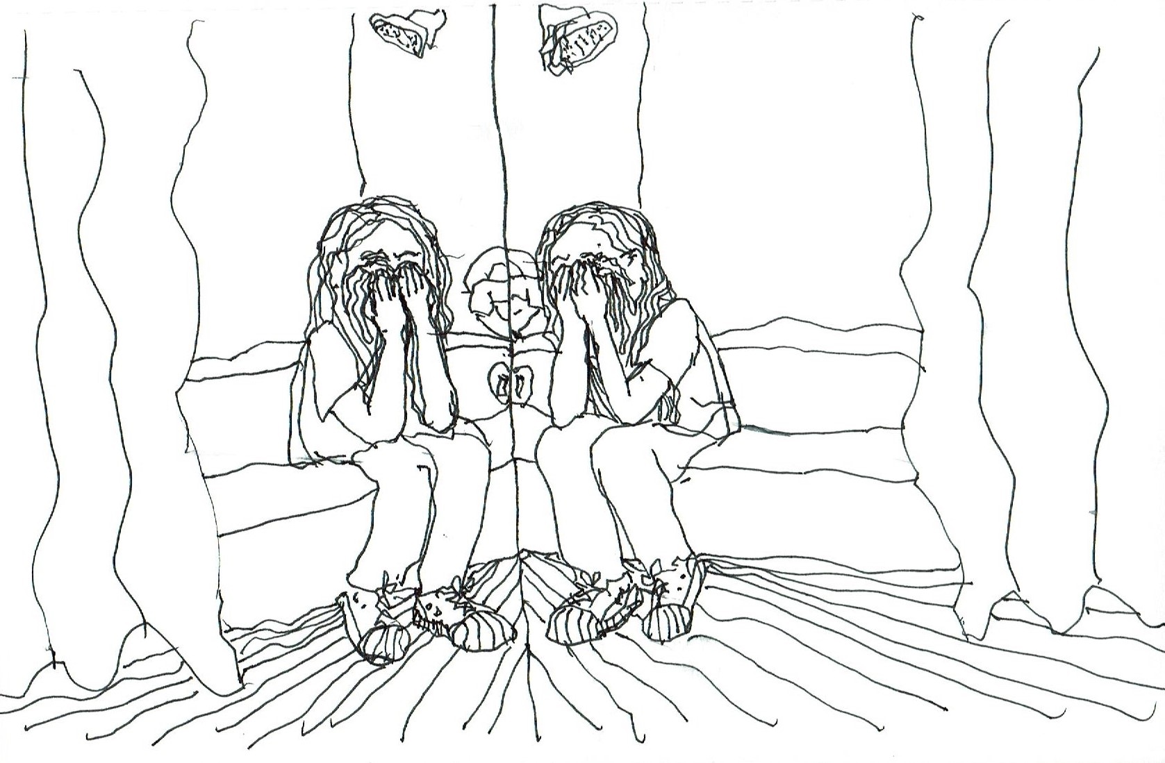 a nurse sitting crying on the side of a bathtub, reflected in a mirror