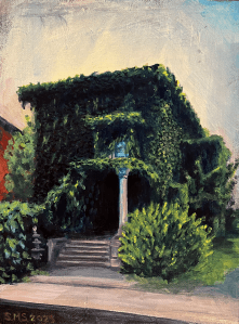 The Vine House 9 x 12 inches Acrylic on reused canvas board Sarah Marris-Swann 2023 The Vine House in Utica, NY, is well-known and loved by admirers for the cascading vines that engulf the beautiful old home on State Street in a secret garden of viridescence. Giclee Fine Art Prints available on Etsy, $16+