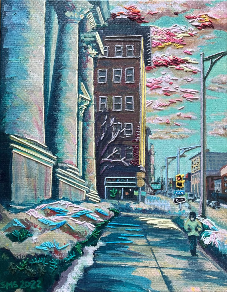 Bank Place, mixed media work created 2022-2024.
11 x 14 inches embroidered acrylic painting on canvas. Depicts a winter street scene outside the former Savings Bank of Utica building on Genesee Street and Bank Place by artist Sarah Marris-Swann.