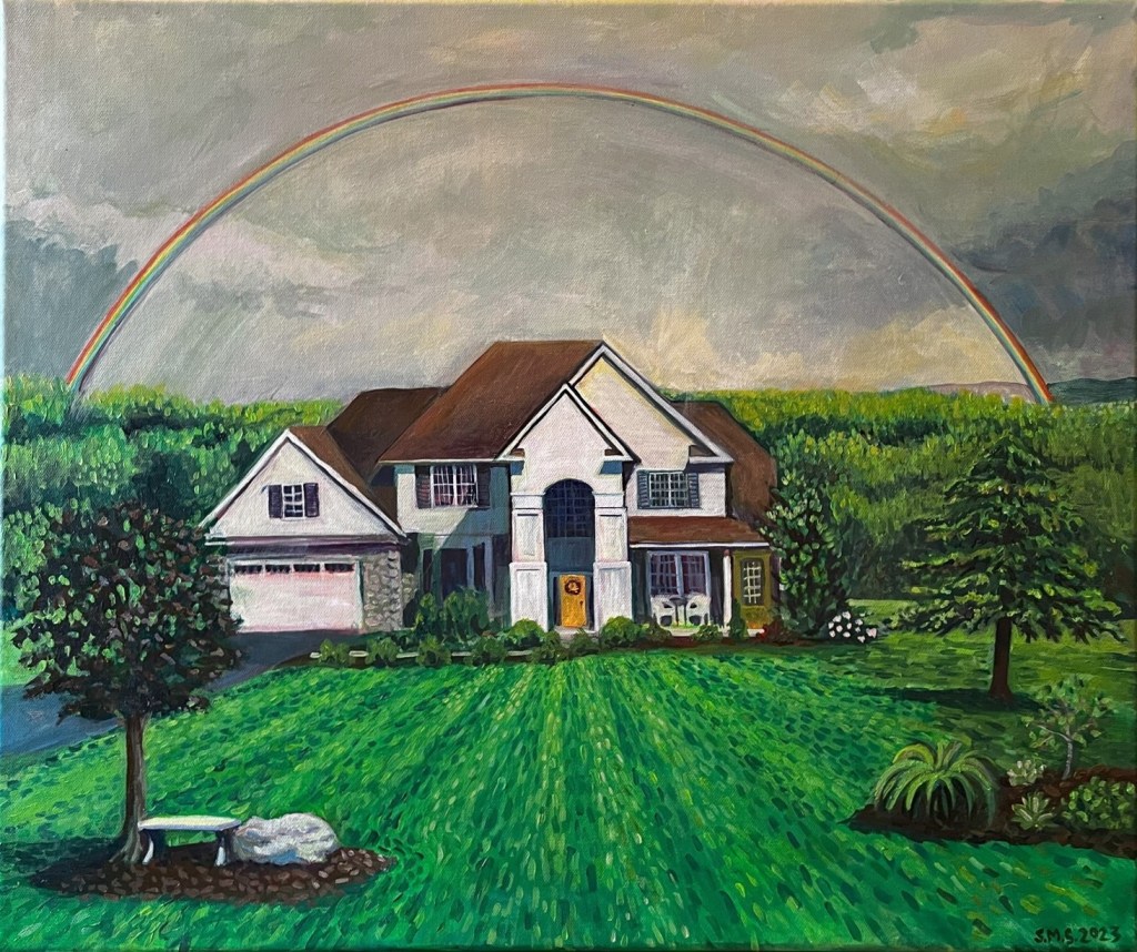 Bristol Road 20 x24 inches Acrylic on canvas Sarah Marris-Swann 2023 Commissioned work Painting of a white house on a bright green lawn. The sky is darkening with a rainbow bursting through the storm clouds, and bright sunshine falls on the house. Close wooded hills frame the house on either side. in the foreground is a stone bench next to a boulder under a small tree and other plantings.