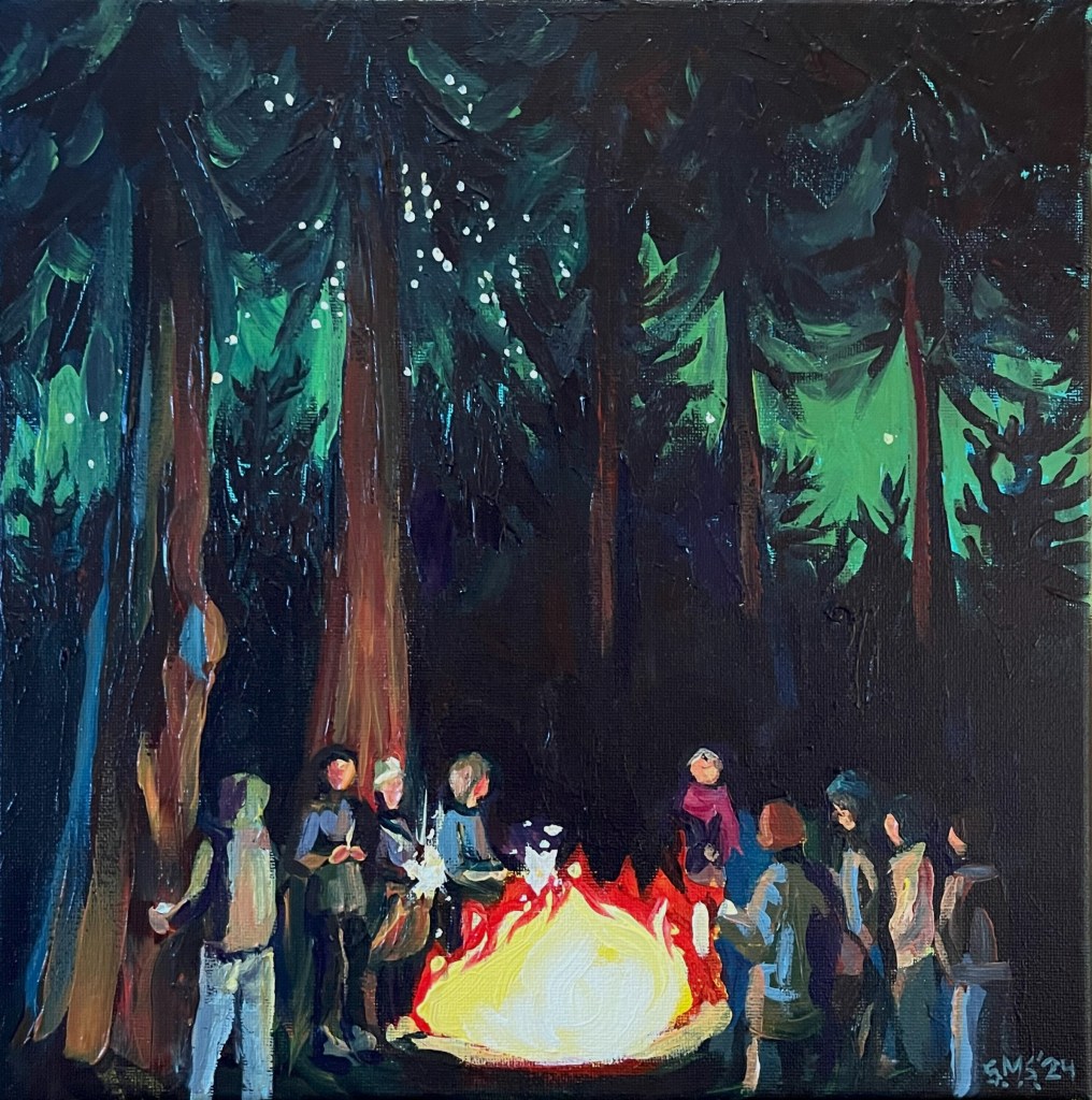 We Had No Idea What Was Coming 12 x 12 inches, Acrylic on canvas Sarah Marris-Swann 2024 Our bonfire in Skyway, WA on New Year's Eve at the end of 2019. There were many times in the months and years afterwards that I would look back on this night wistfully, thinking of how we stood shoulder to shoulder, how we hugged each other without a second thought. The memories I have from that night feel like the definite end of a chapter of "life as we knew it." During the course of a lifetime, there must be many moments like this for each of us, but those that affect the entire globe so suddenly and wholly are fewer and farther between, and in my opinion, bear memorializing.