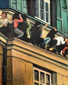 On Edge, Acrylic painting on stretched canvas 8x10 inches Students on a ledge during a mass shooting at Charles University, Prague, Czech Republic in which 14 people were killed on 12/23/2023